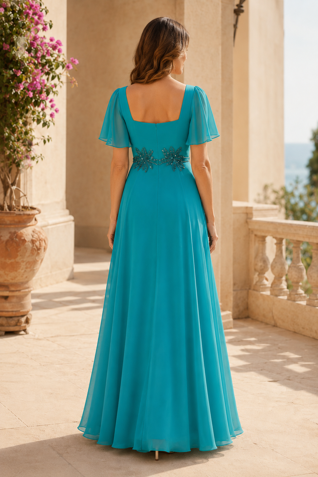 Vestido de gasa con escote cuadrado, corte en A y mangas con volantes