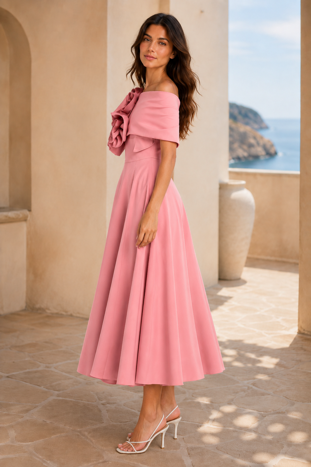 Vestido midi con línea A, hombros descubiertos y aplique floral