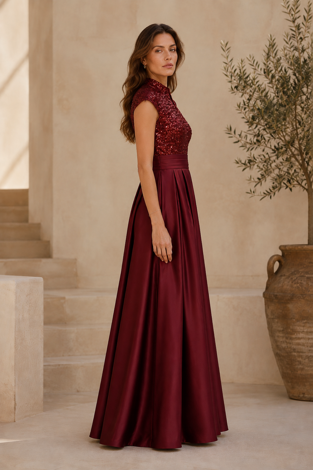 Vestido de satén plisado línea A con corpiño de lentejuelas
