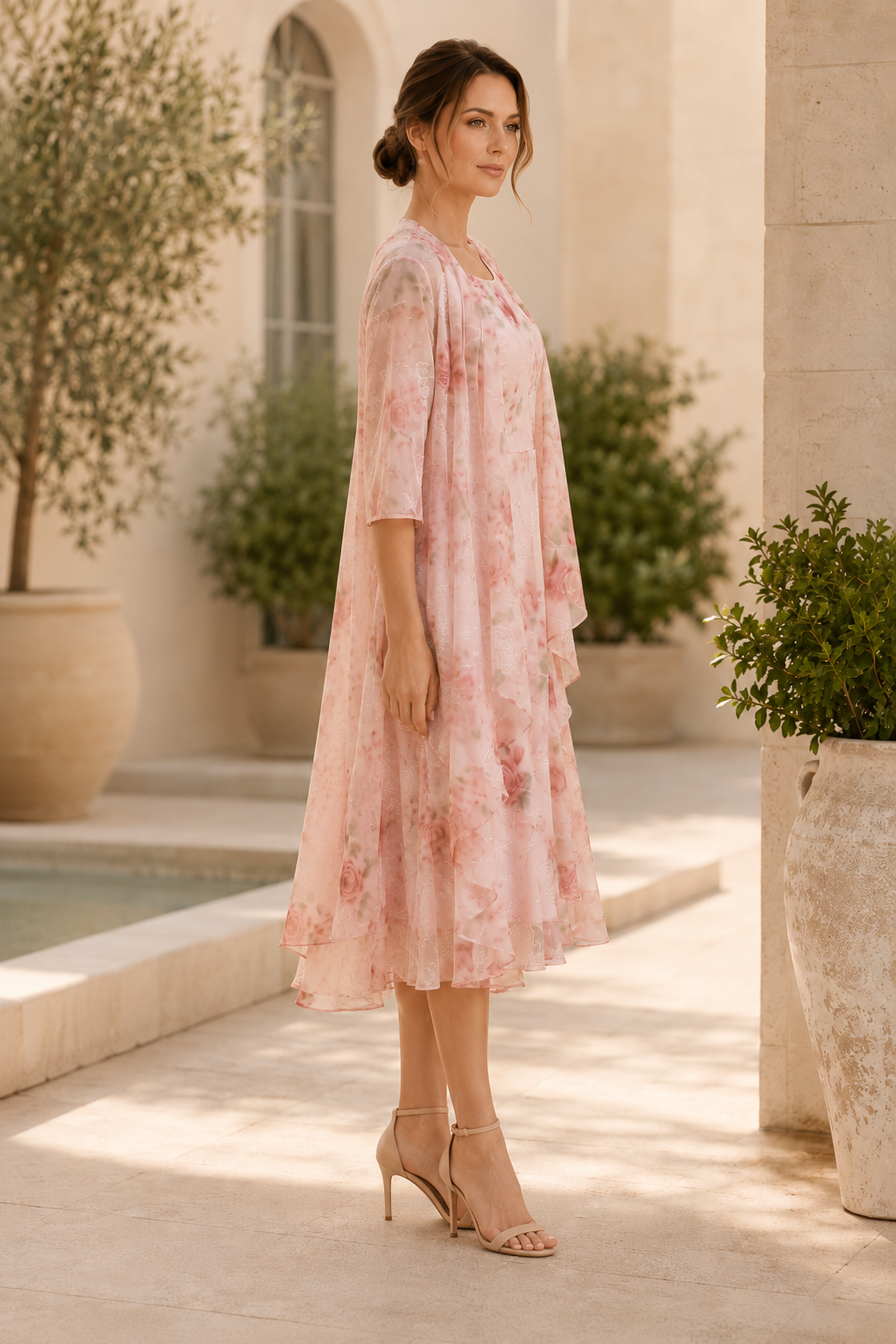 Vestido midi floral escalonado con chaqueta transparente
