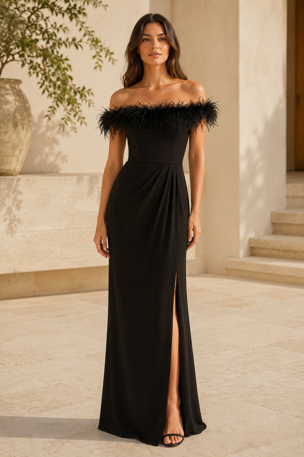 Vestido de noche con hombros descubiertos, plumas y abertura