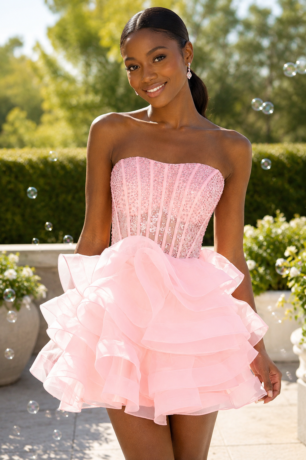 Minivestido Corsé de Organza con Volantes sin Tirantes