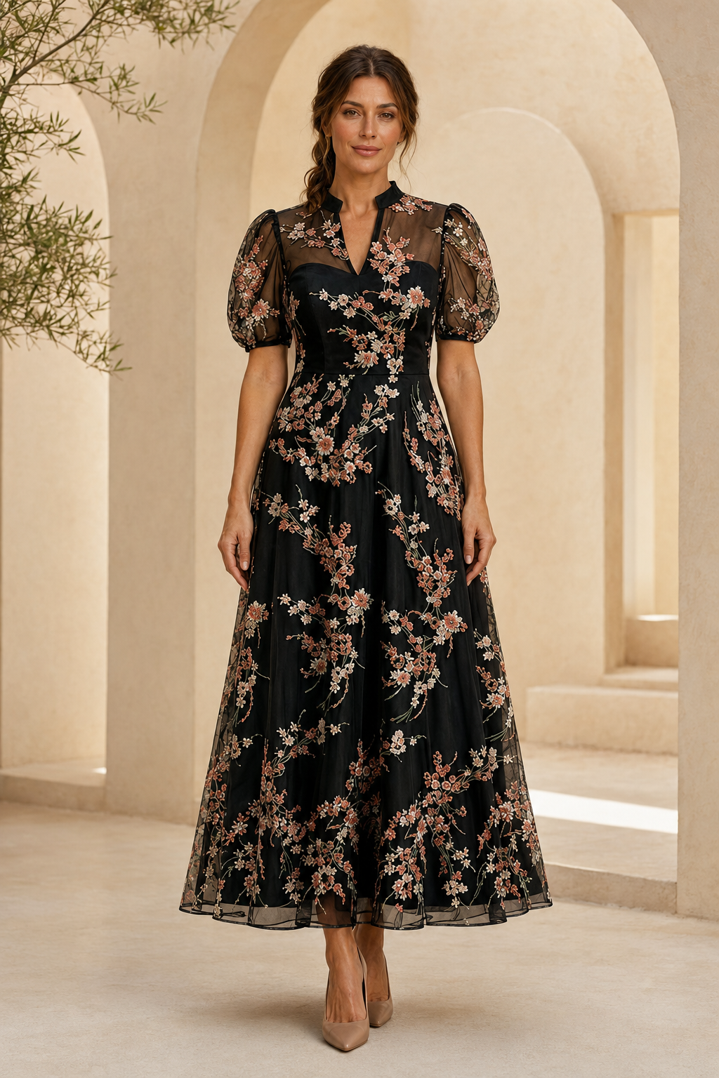 Vestido midi acampanado con mangas abullonadas y bordado floral