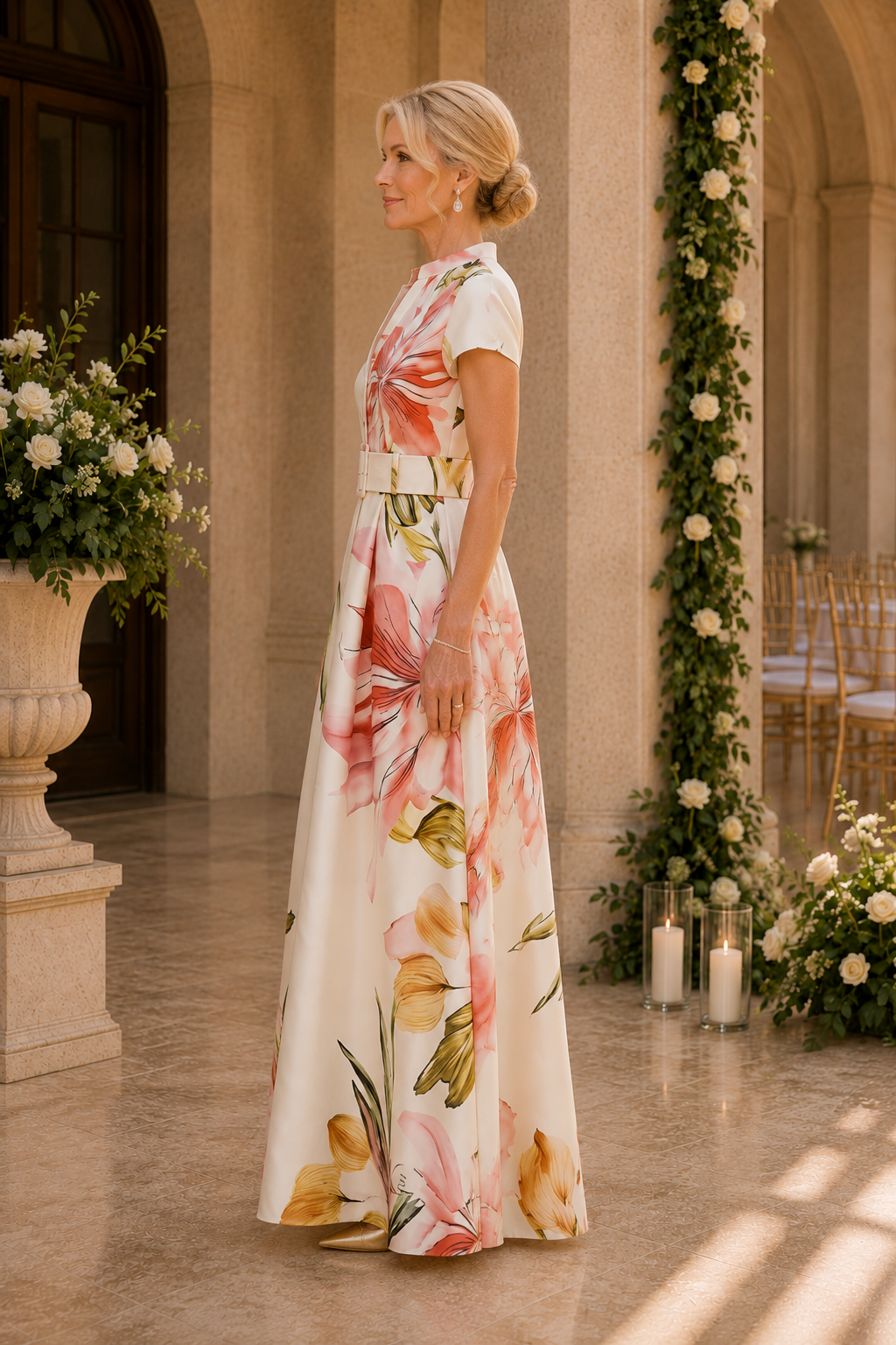 Vestido maxi acampanado con cinturón y estampado floral con mangas