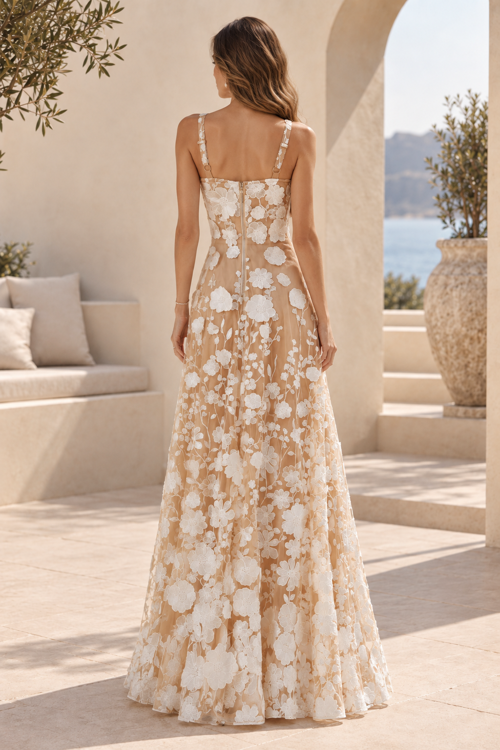 Floral Applique A-Line Maxi Dress with Straps
