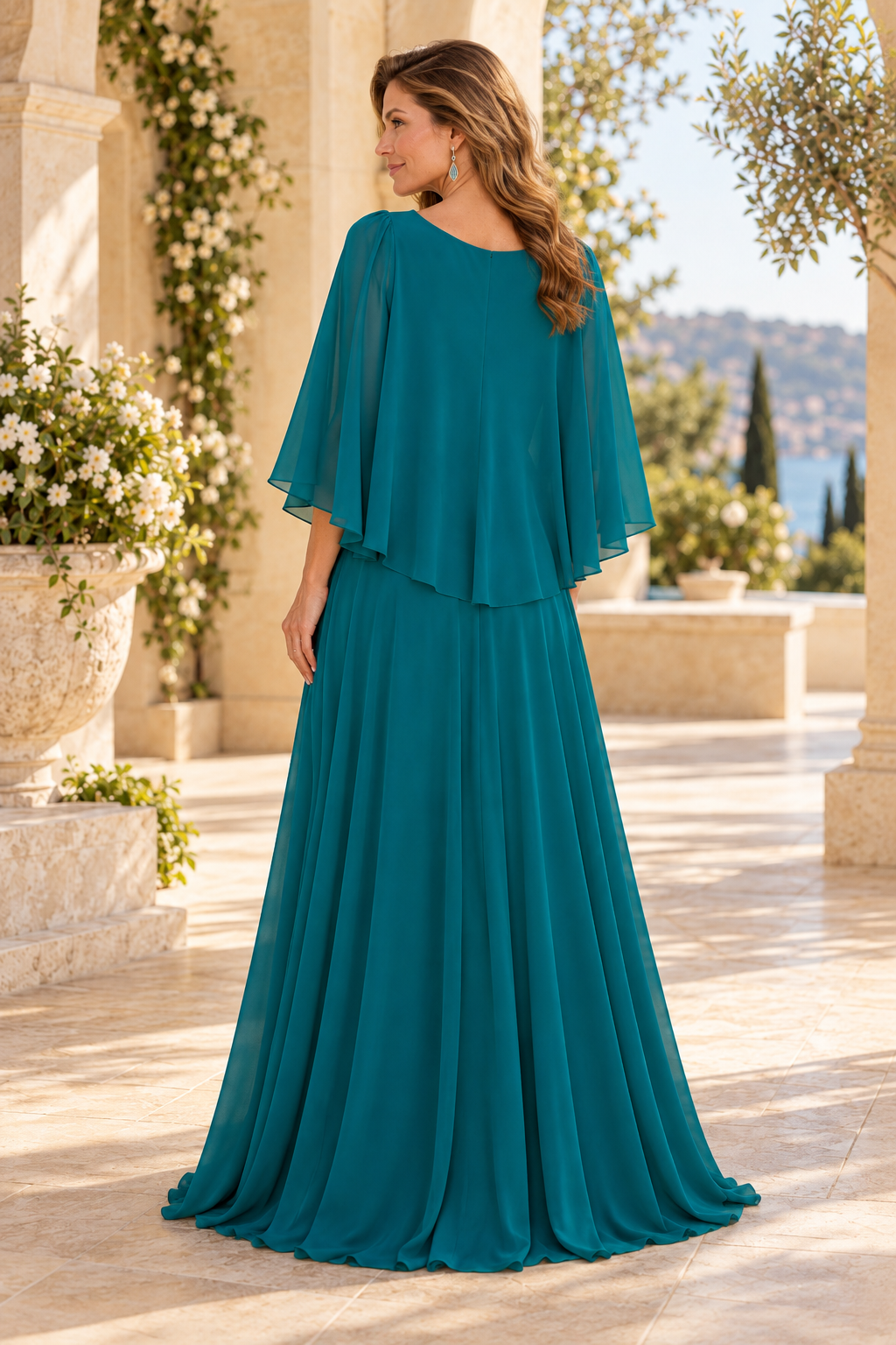 Beaded Bodice Cape Sleeve Evening Gown with Slit