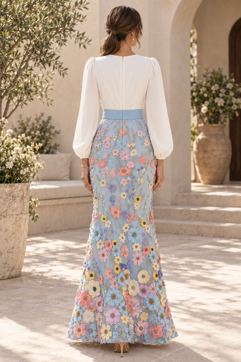 3D Floral Applique Long Sleeve Evening Gown