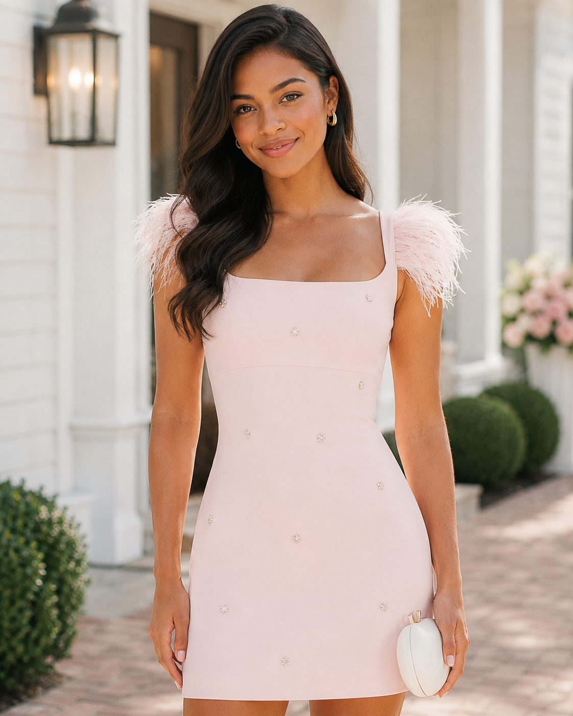 Minivestido con cuello cuadrado y tirantes de plumas