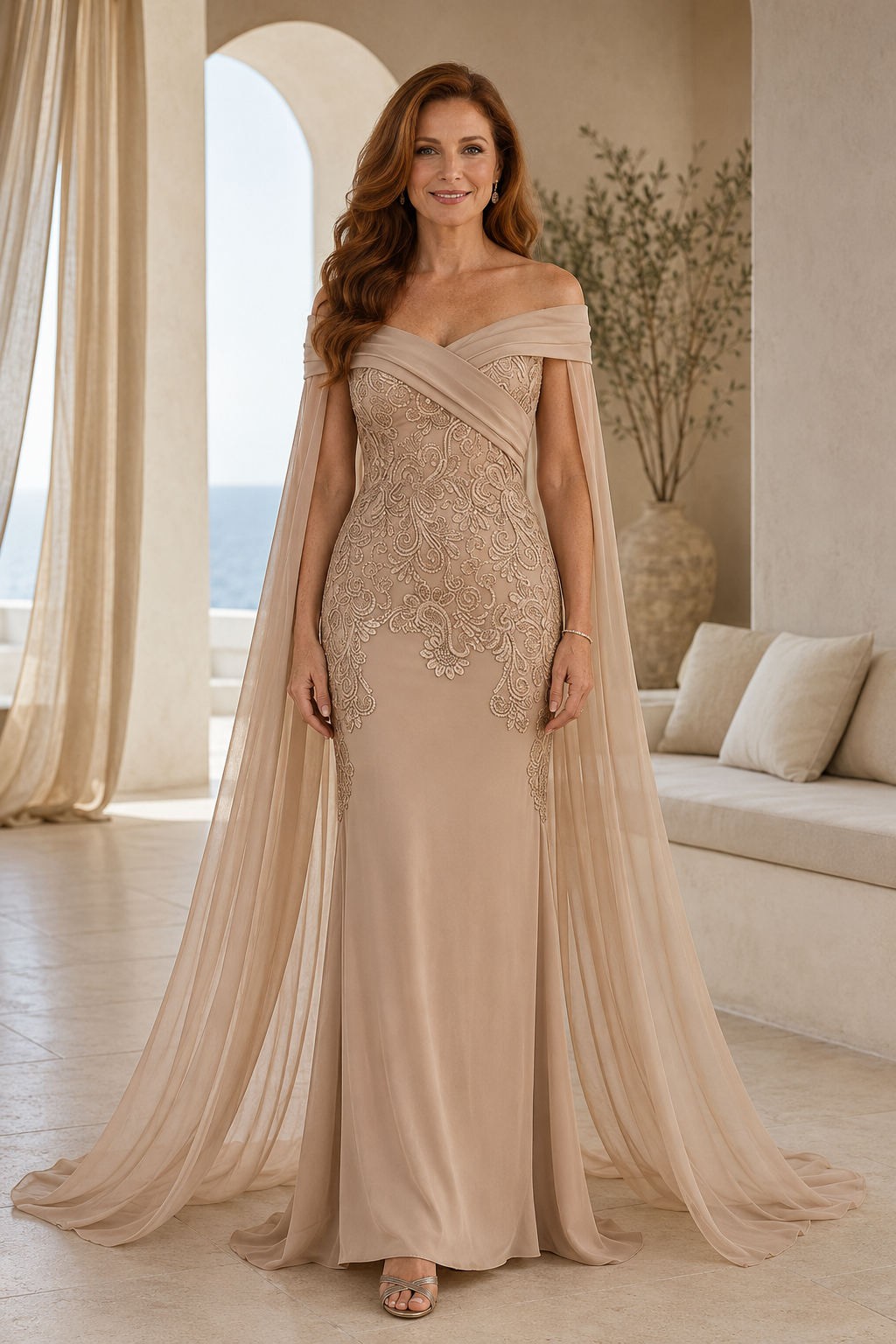 Vestido de tubo de encaje con hombros descubiertos y mangas de capa fluidas