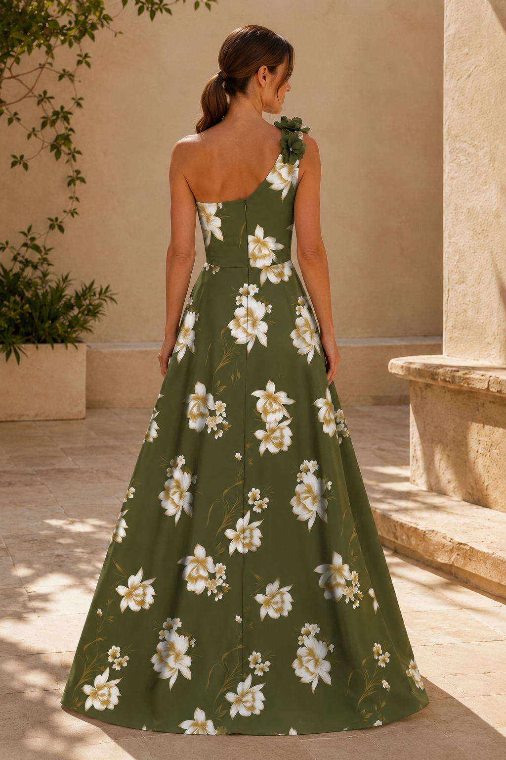 Vestido de satén acampanado con estampado floral y un hombro al descubierto