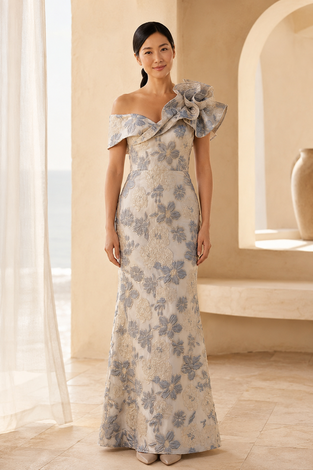 Vestido largo jacquard floral de un solo hombro con volantes