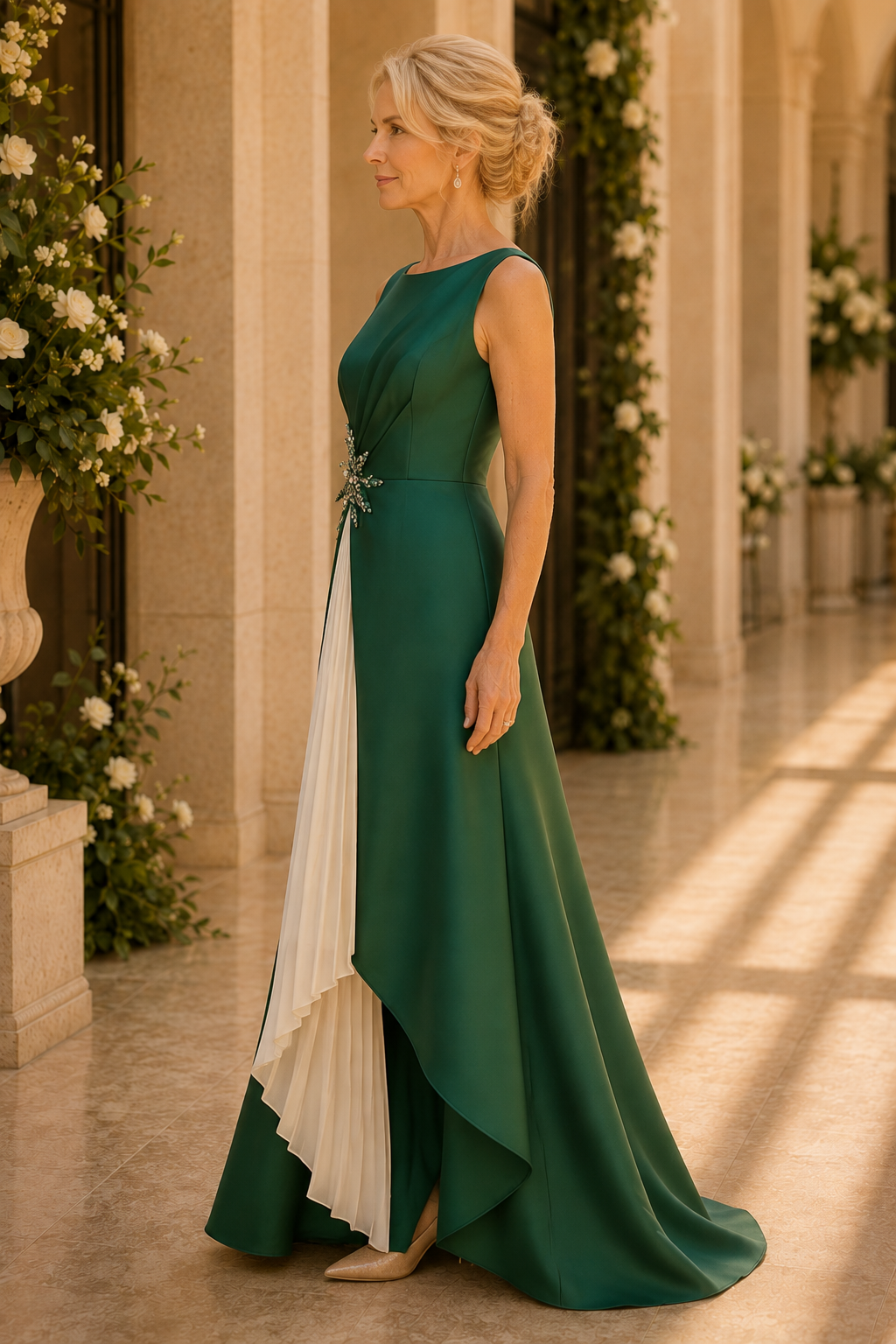 Vestido largo asimétrico con frunces y detalle de broche