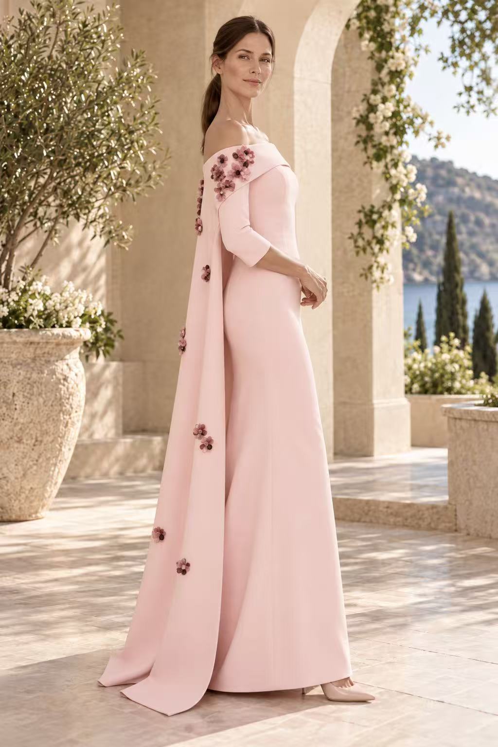 Off-the-Shoulder Cape Back Gown with 3D Flowers