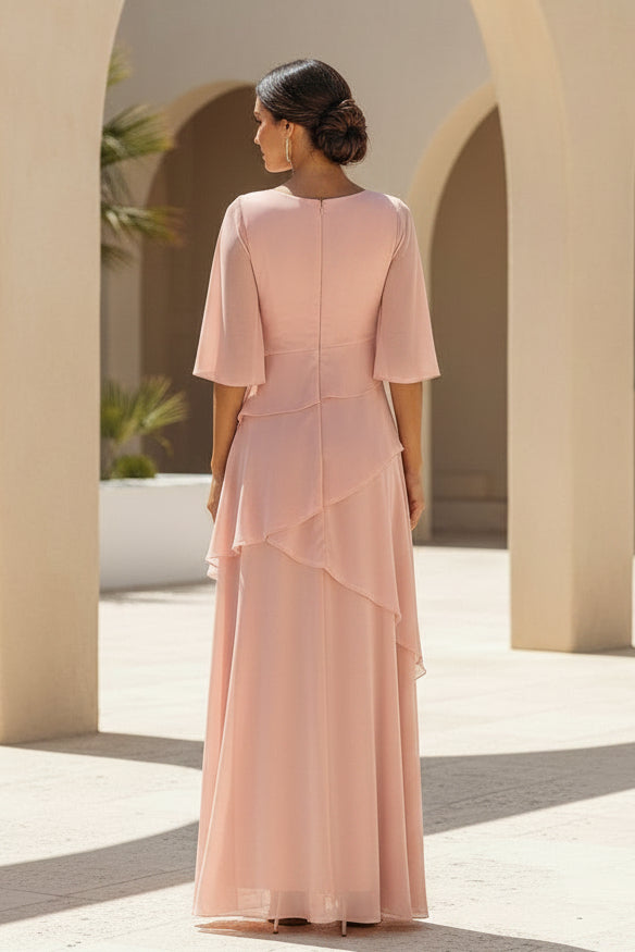 Vestido largo de fiesta de gasa con volantes y mangas escalonadas