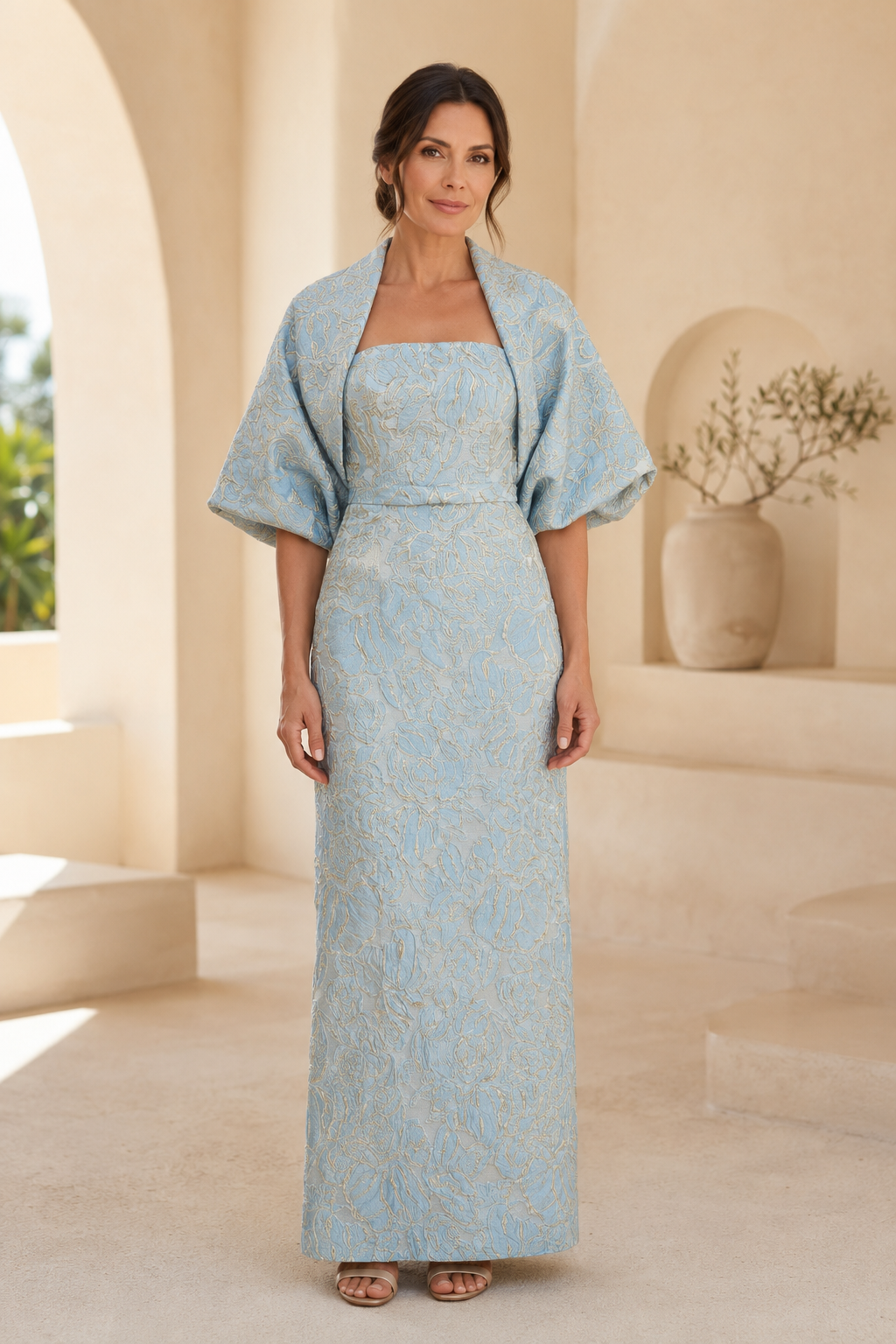 Conjunto de chaqueta y vestido columna sin tirantes de jacquard