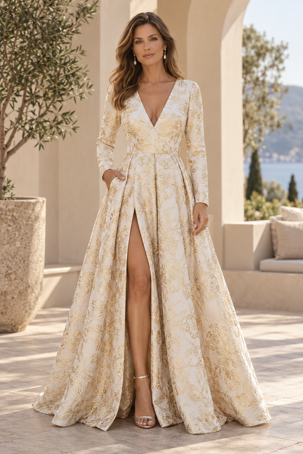 Long Sleeve Jacquard Ball Gown with Slit and Pockets