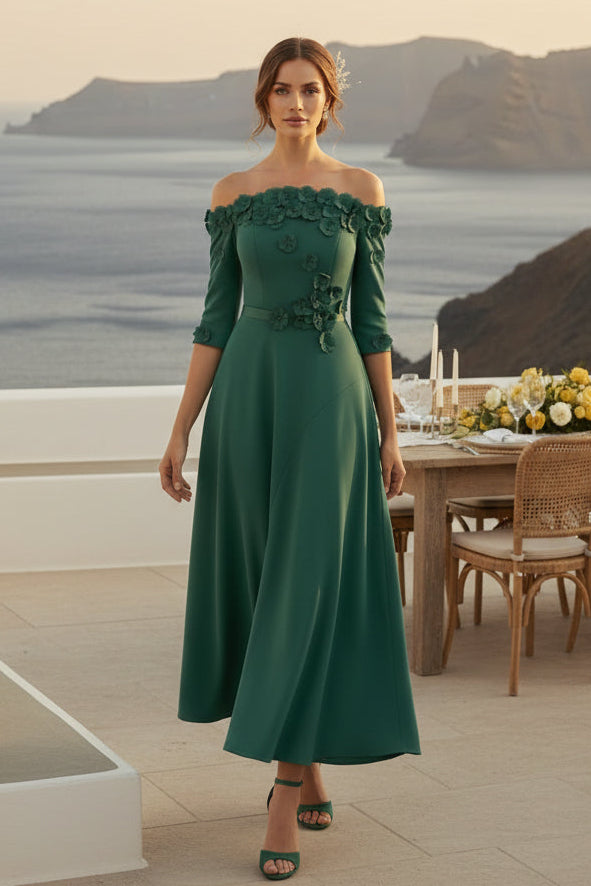 Vestido de corte A hasta la rodilla sin hombros con flores 3D