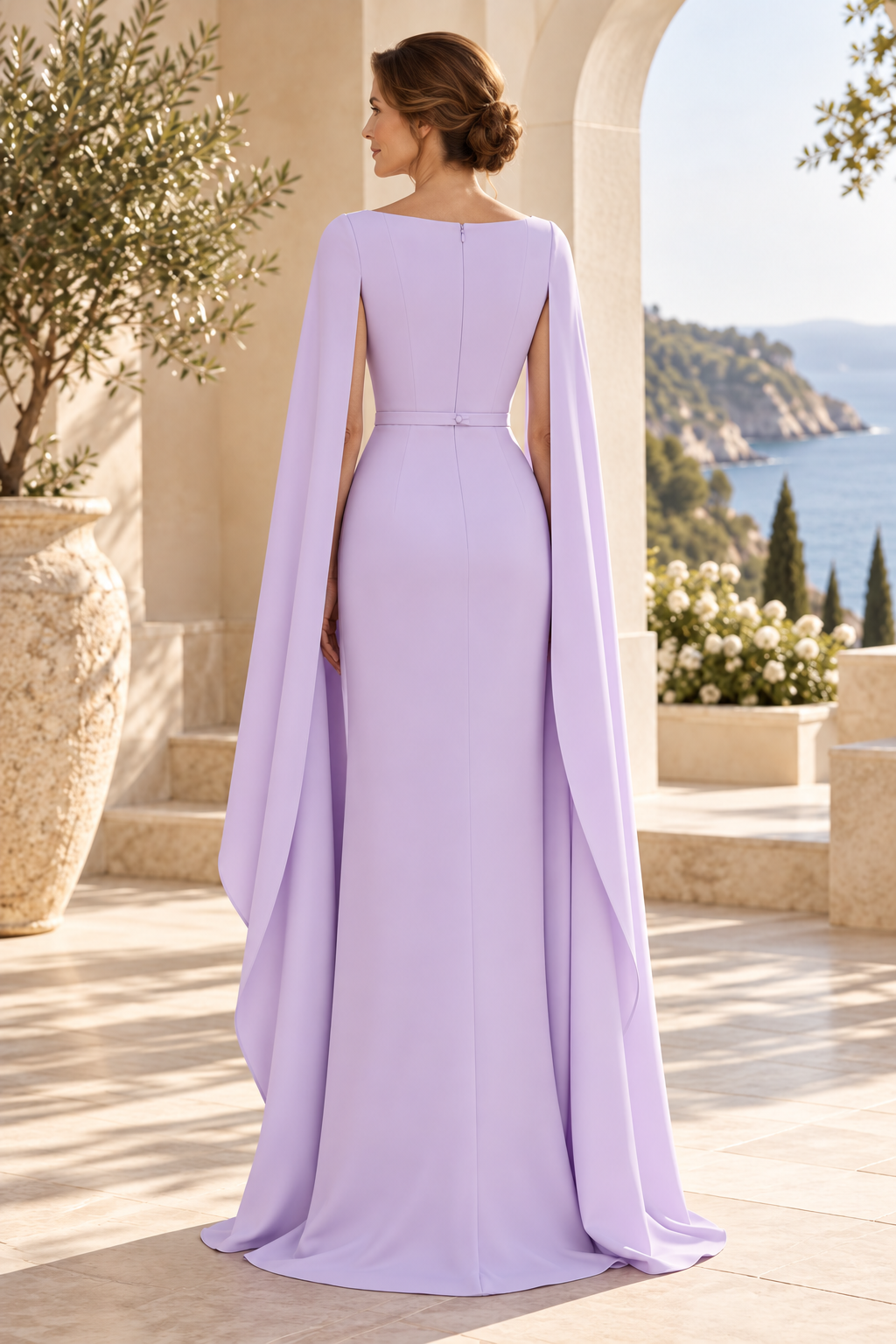 Beaded Scoop Neck Column Gown with Floor Cape Sleeves