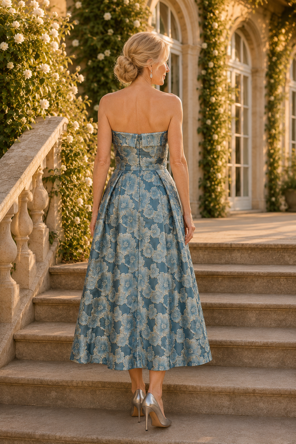 Vestido acampanado sin tirantes de jacquard floral hasta el tobillo