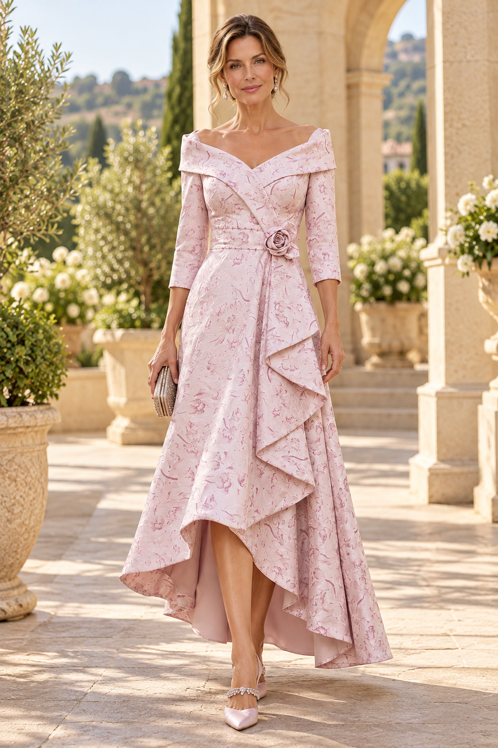 High-Low Jacquard Dress with Floral Applique
