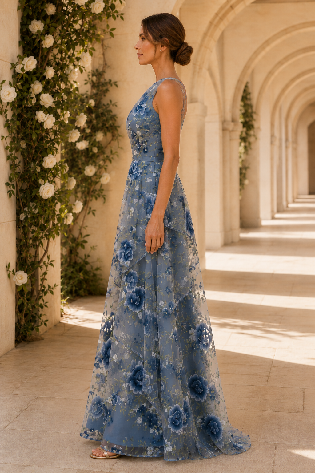 Vestido de noche acampanado con estampado floral, un solo hombro y falda a niveles