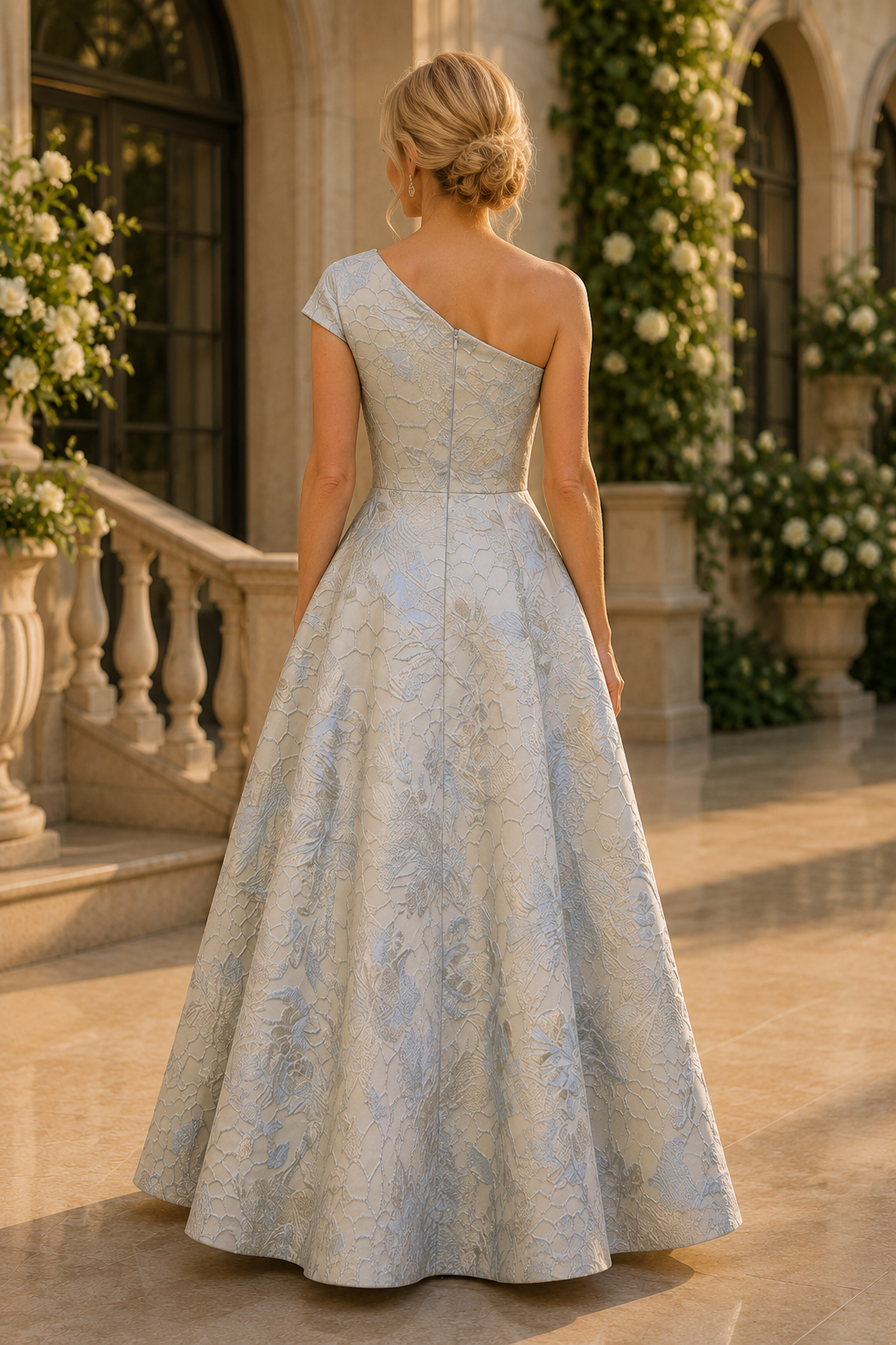 Vestido de noche acampanado de jacquard floral con un solo hombro