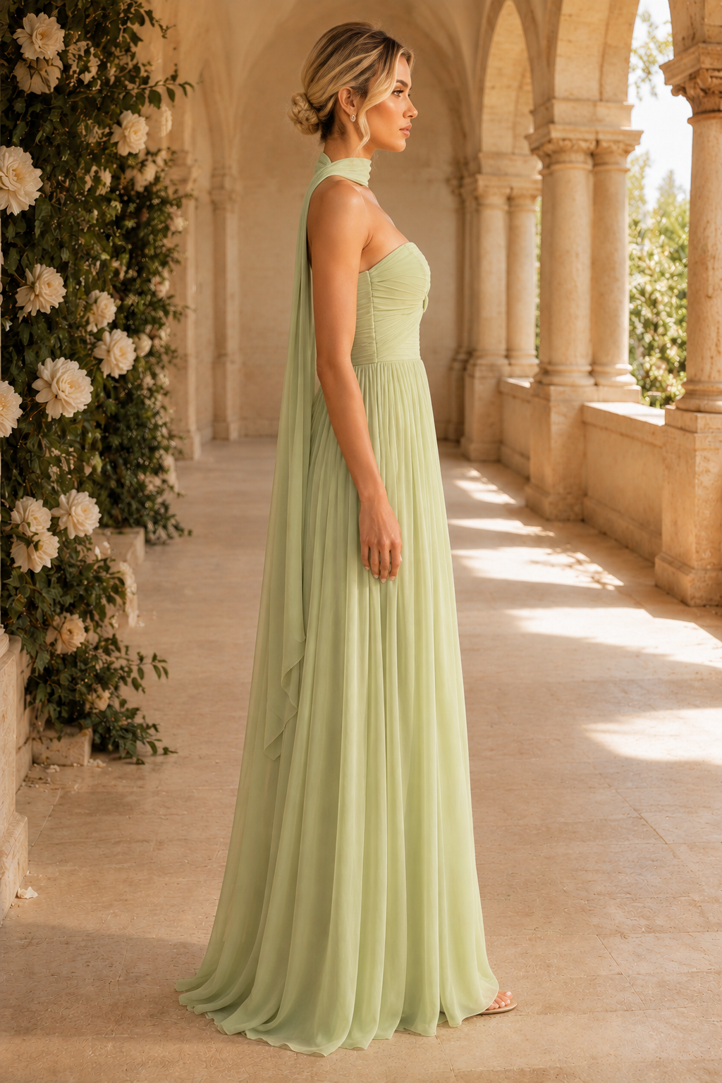 Vestido largo sin tirantes fruncido con escote tipo bufanda