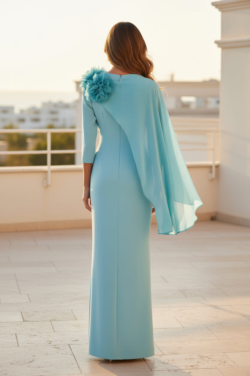 Vestido Tubo de Crepé con Capa de Gasa y Flores 3D