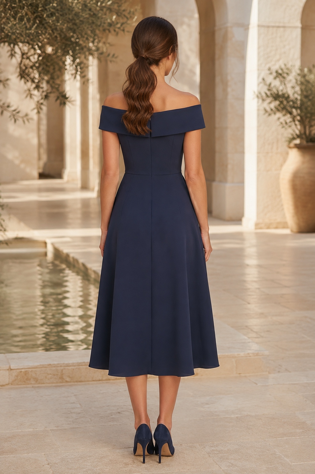Vestido Midi con Hombros Descubiertos y Falda con Volantes en Cascada