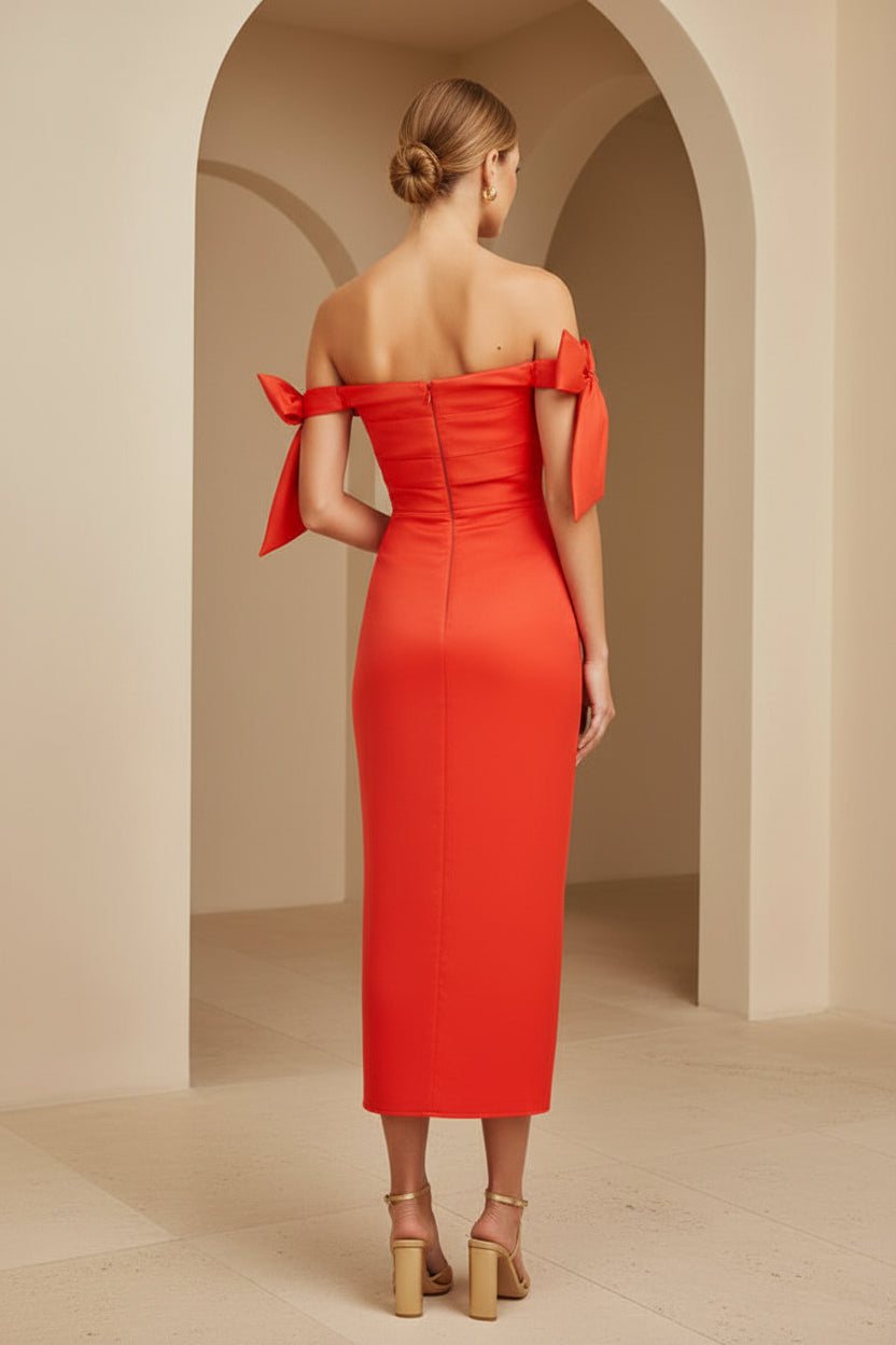 Vestido Midi con Hombros Descubiertos y Lazo