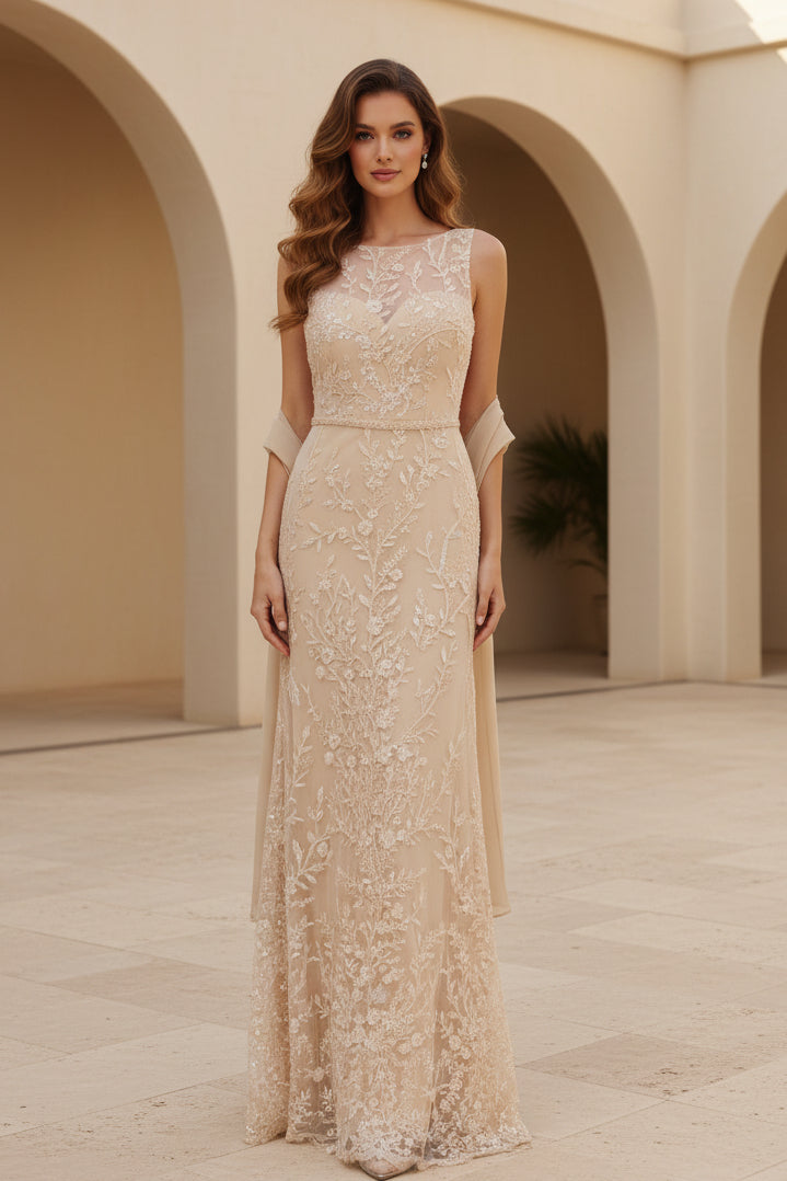 Vestido de tubo de encaje floral con chal de gasa