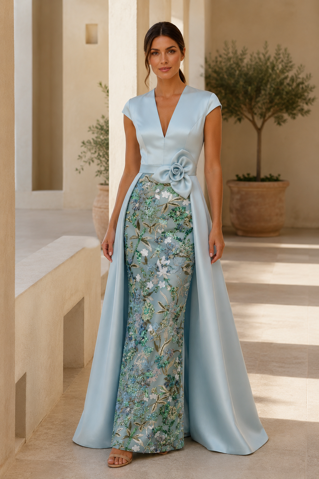 Vestido largo bordado floral con sobrefalda de satén