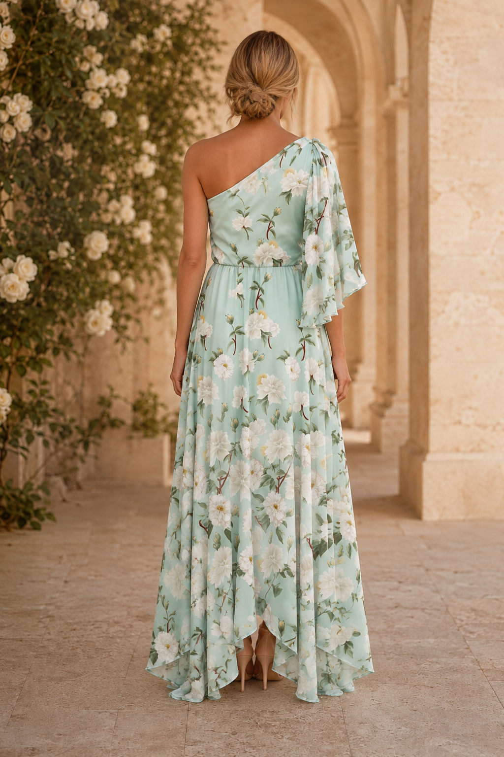 Vestido maxi floral de un solo hombro con dobladillo alto-bajo