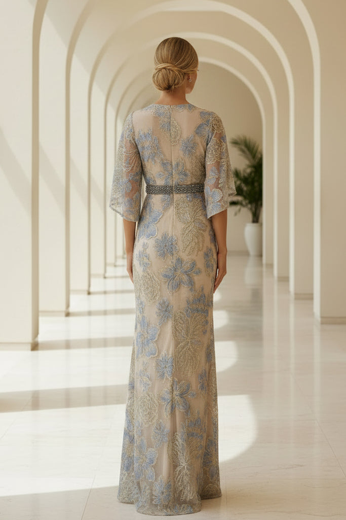 Vestido de Noche con Encaje Floral, Manga de Volantes y Escote en V