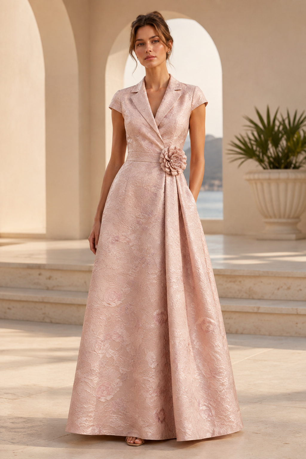 Vestido de Noche en Línea A con Brocado y Cuello, y Flores 3D