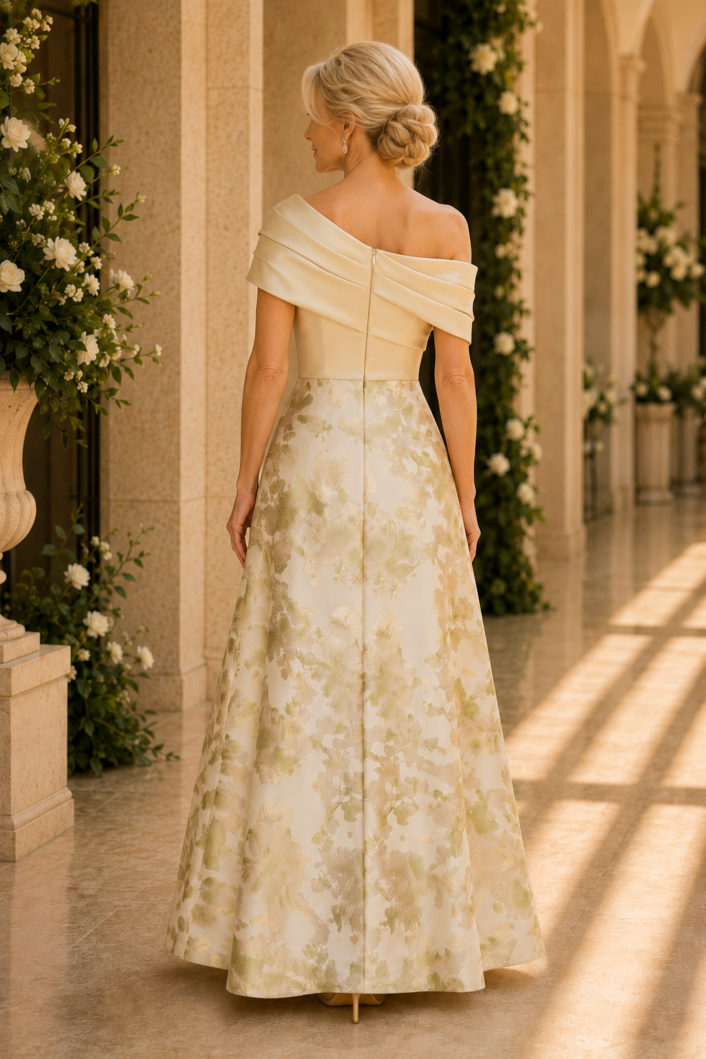 Vestido Acampanado Asimétrico de Jacquard con Pliegues