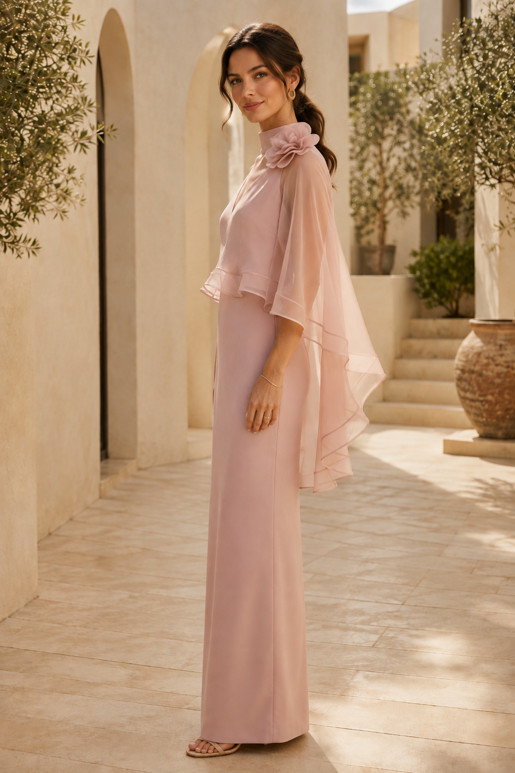 Vestido de columna entallado de cuello alto con capa floral