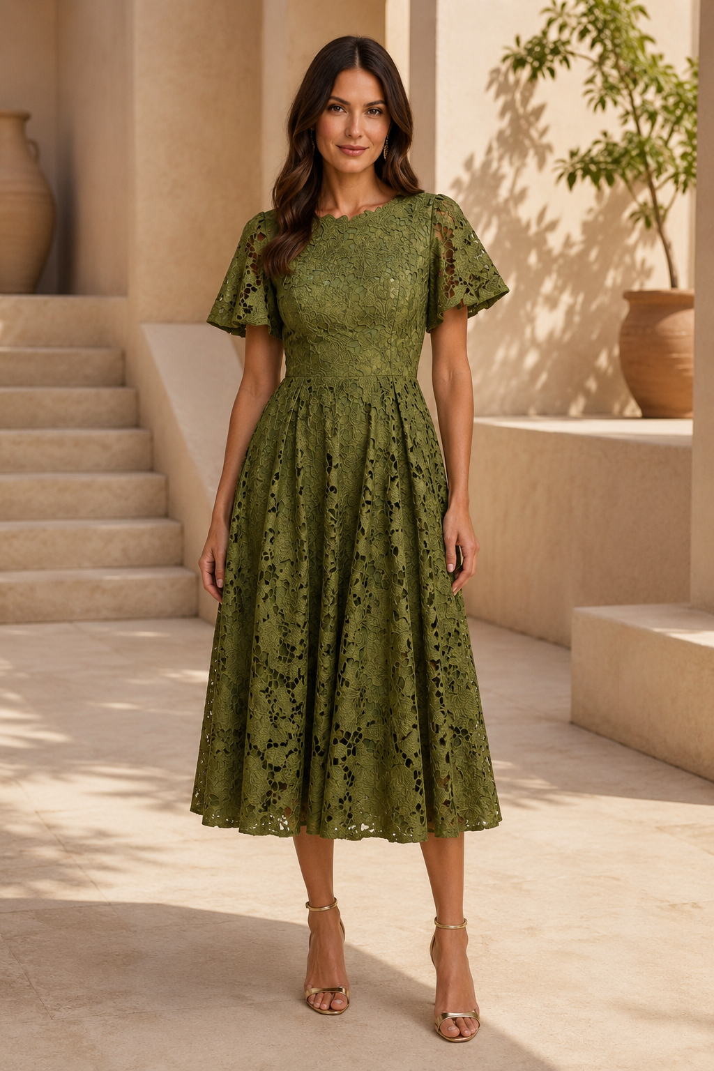 Vestido midi de encaje color oliva con mangas con volantes