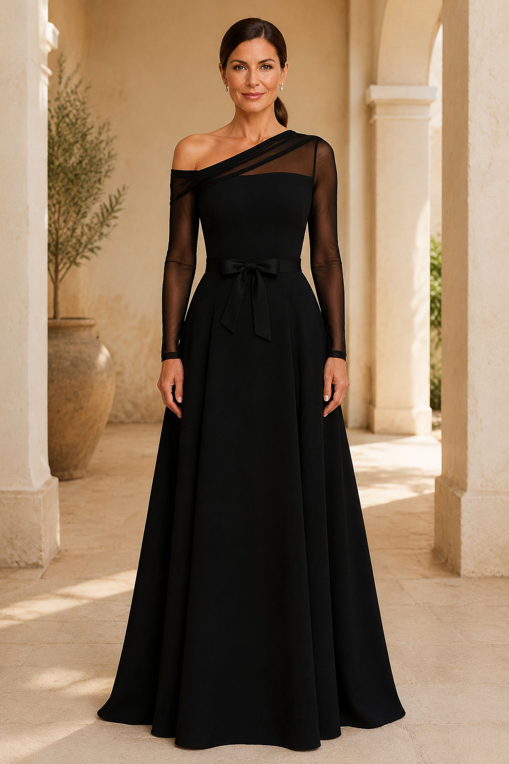Vestido largo de corte A con ilusión de un solo hombro y manga larga