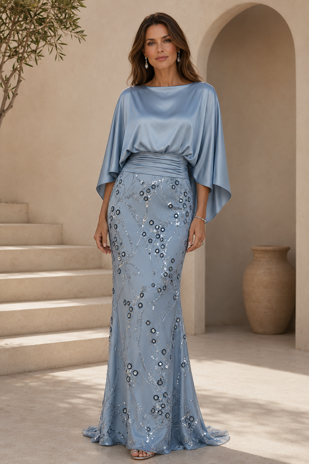 Vestido largo hasta el suelo con lentejuelas y mangas murciélago
