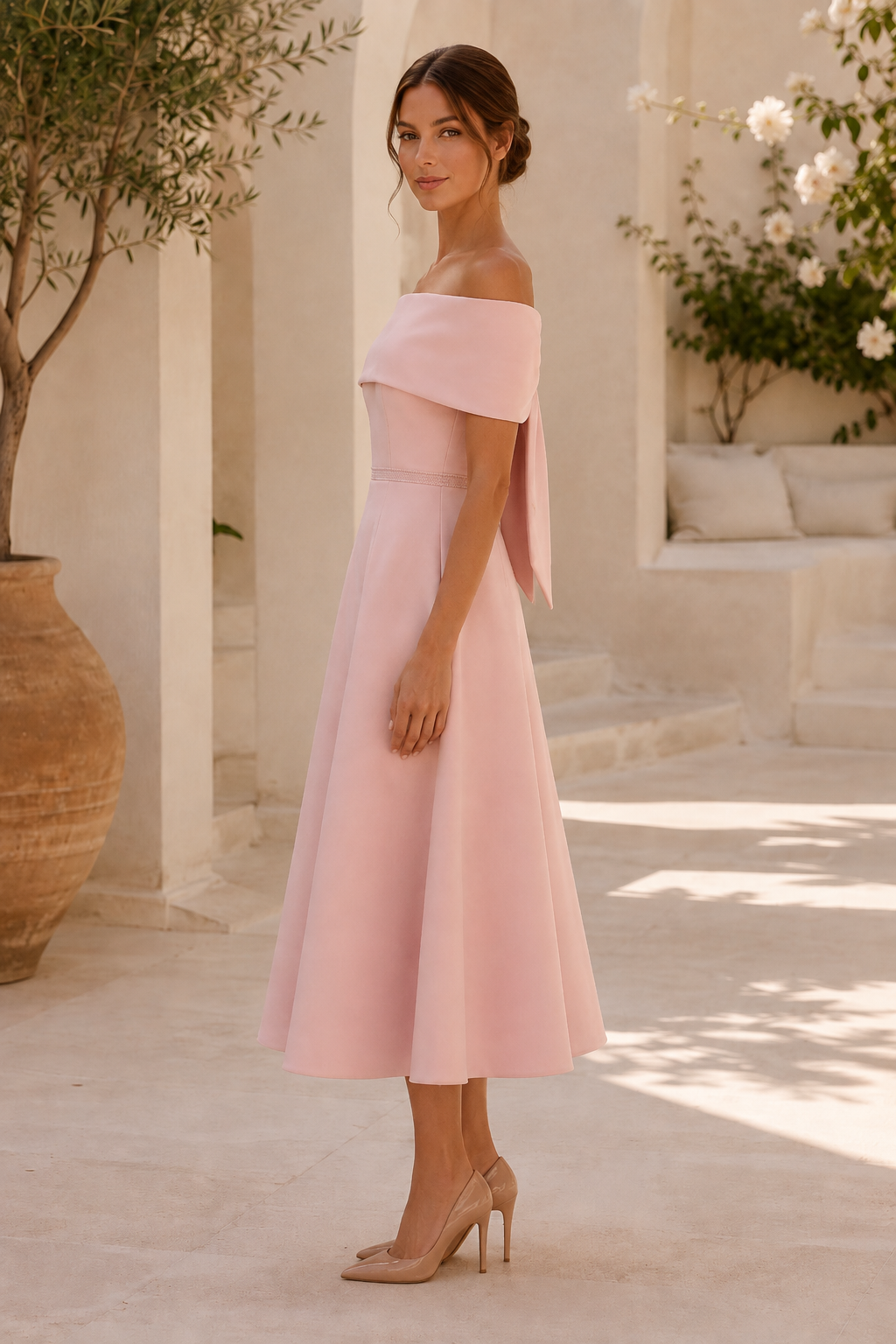 Vestido Midi sin Hombros con Lazo en la Espalda y Bolsillos