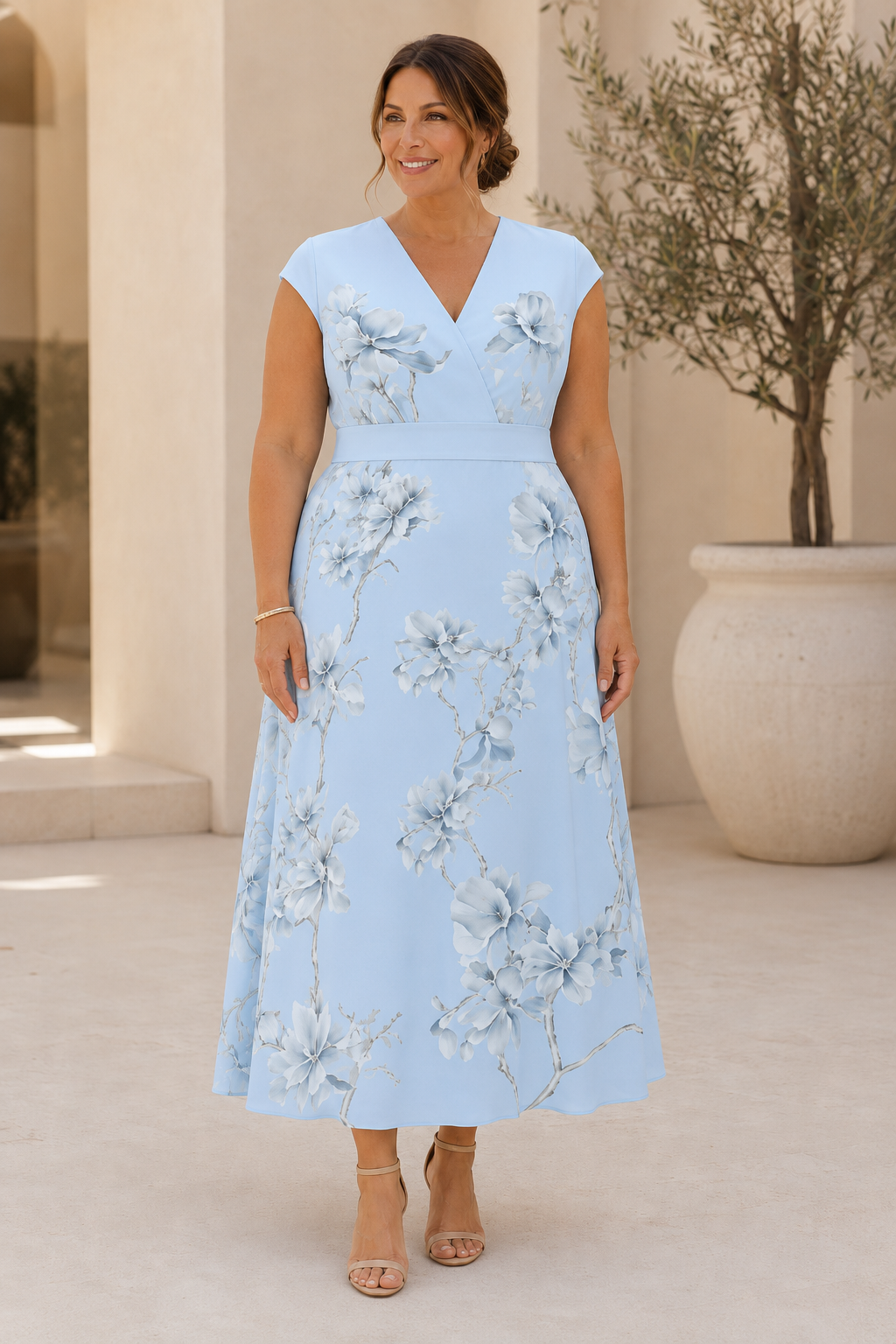 Vestido midi evasé con estampado floral y manga casquillo