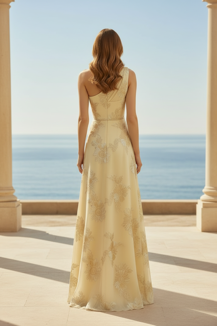 Vestido de noche acampanado de jacquard floral con un solo hombro