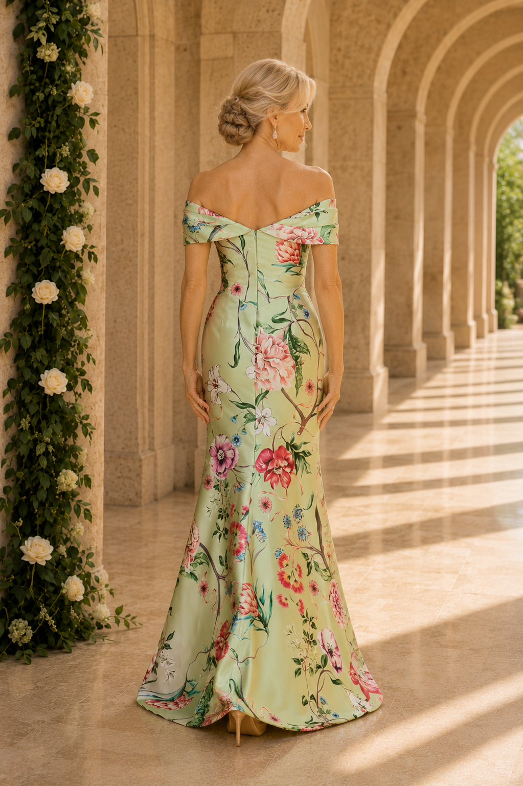 Vestido de noche estilo trompeta de satén floral con hombros descubiertos