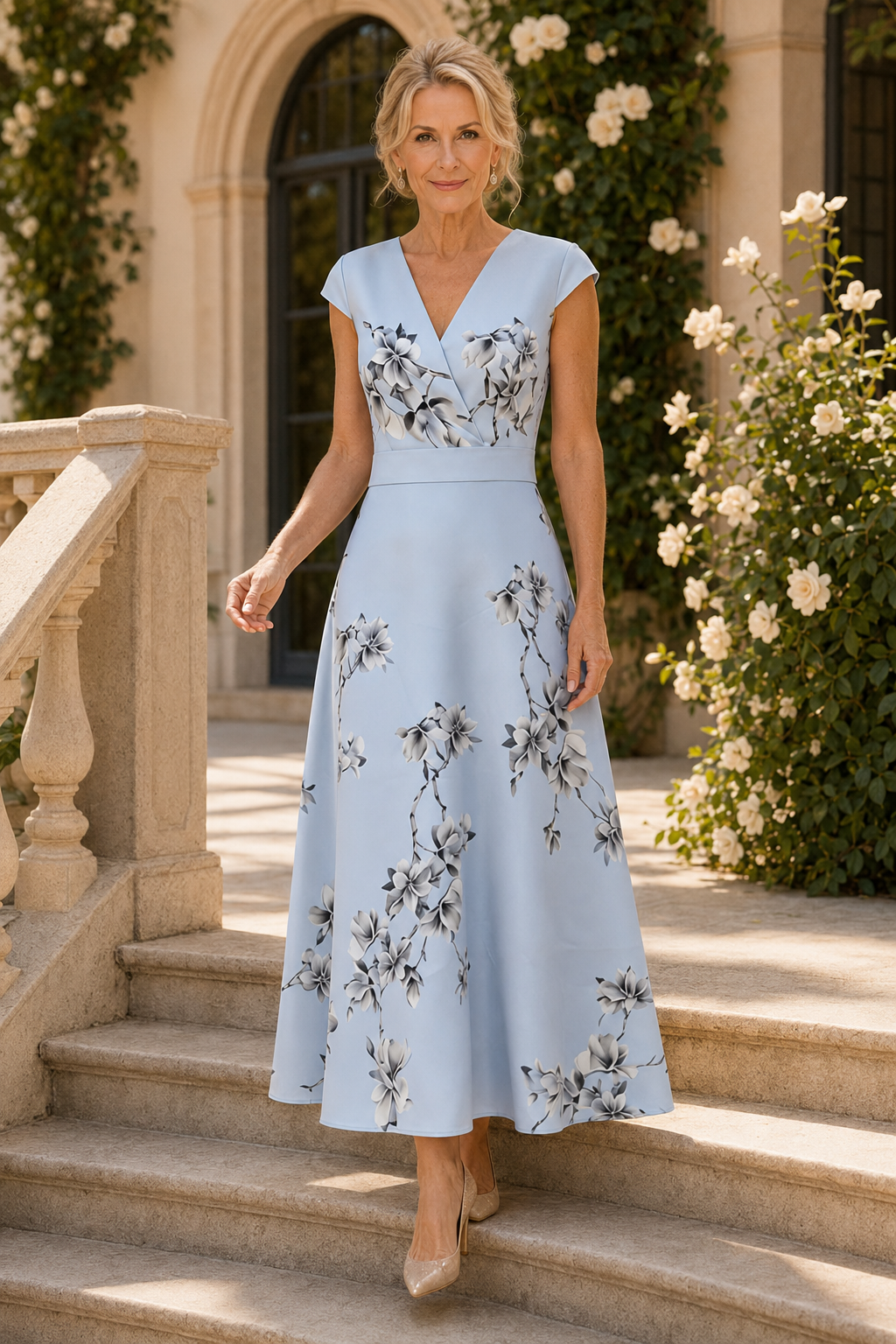 Vestido floral con cuello en V, corte A y largo tobillero