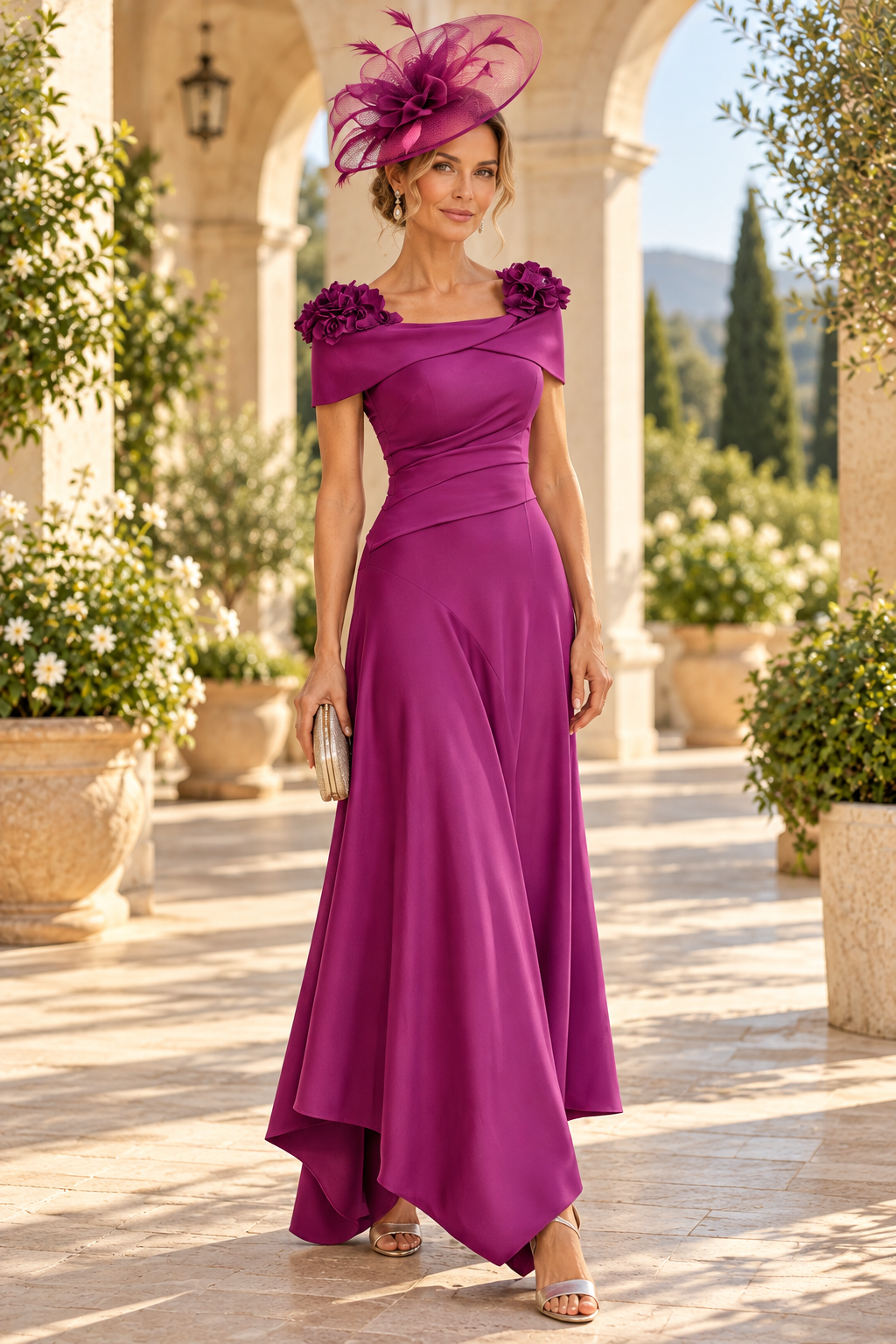 Pleated Off-the-Shoulder High-Low Gown