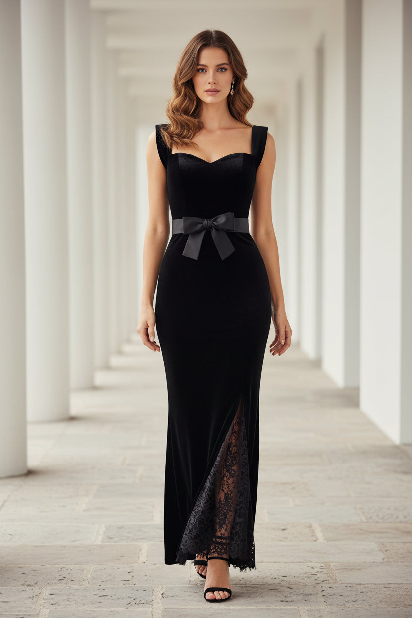 Vestido midi de terciopelo Sweetheart con adornos de encaje y lazo