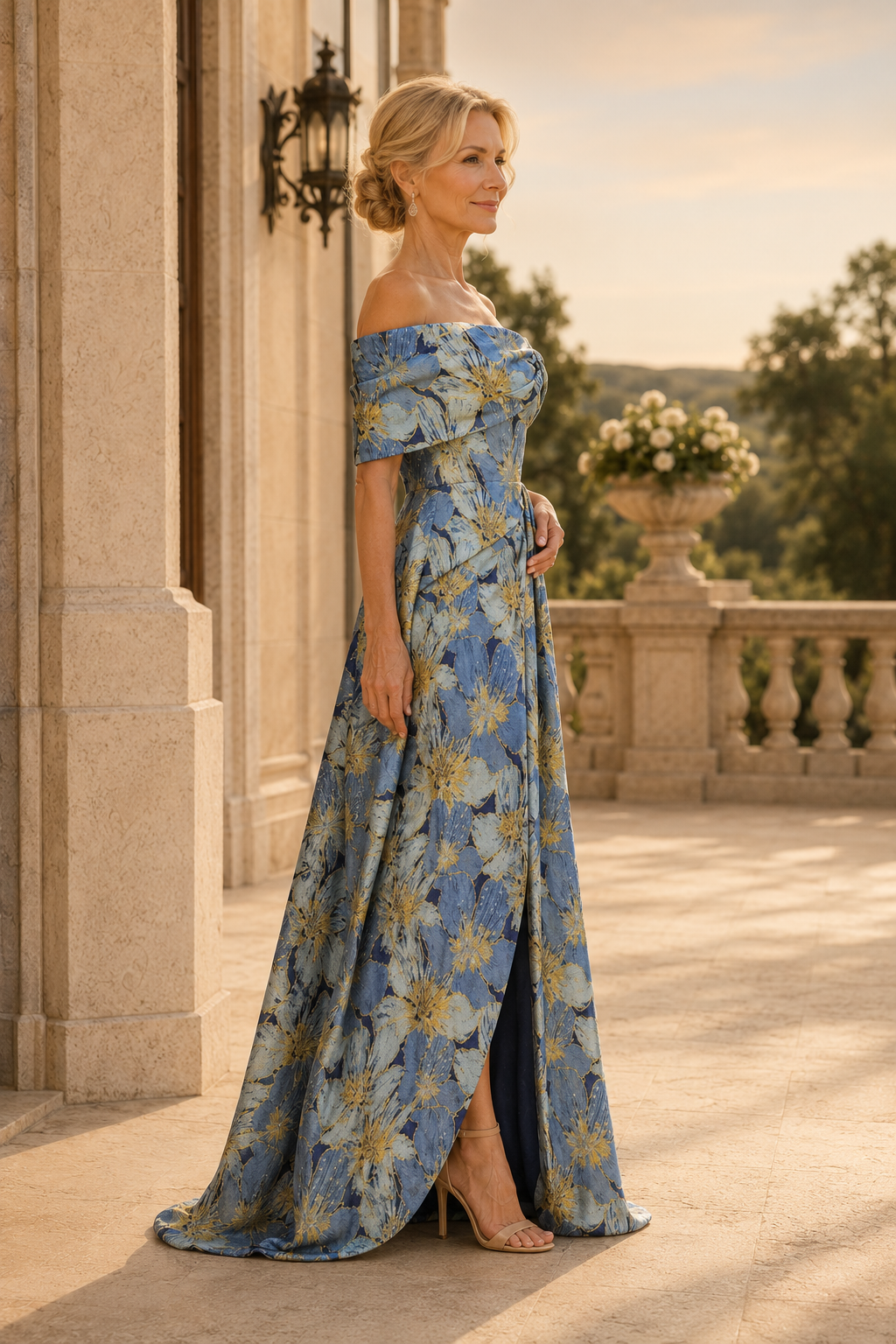 Vestido largo floral jacquard con hombros descubiertos y abertura