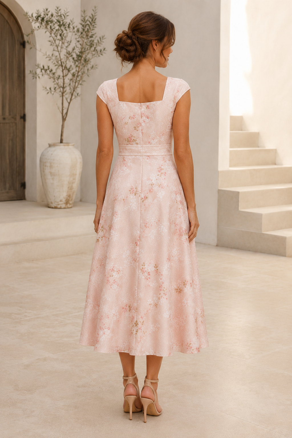 Vestido Midi Jacquard Floral con Manga Corta