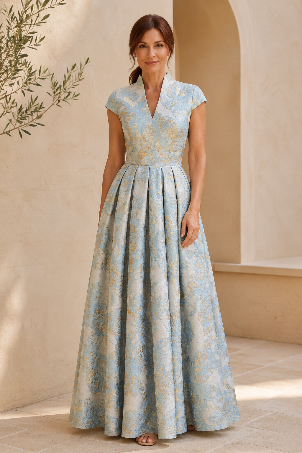 Vestido largo con cuello en V, jacquard floral y manga corta
